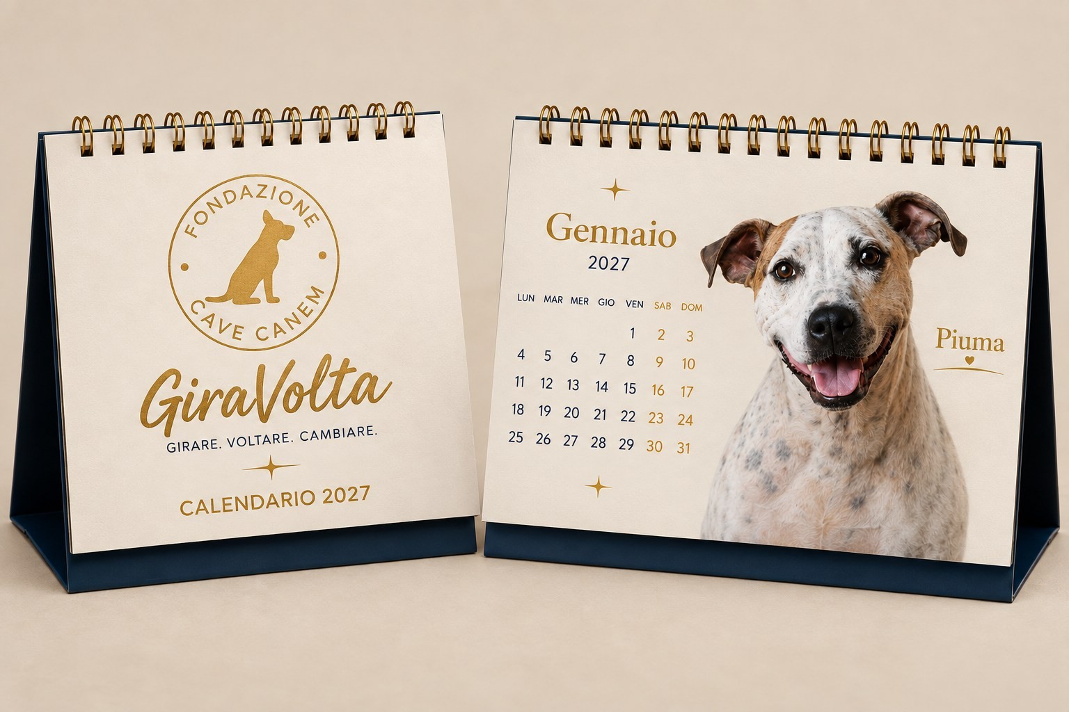 Calendario GiraVolta 2027: copertina e mese di gennaio con la cagnolina Piuma